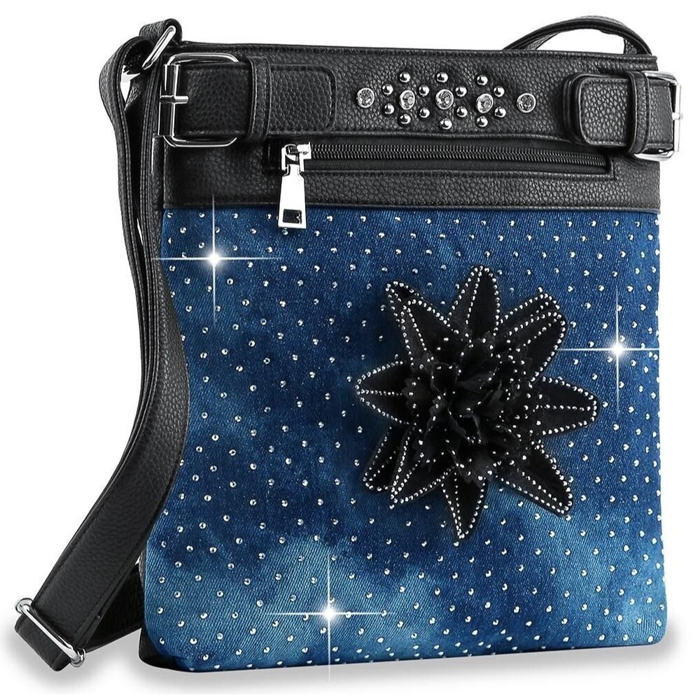 Raised Flower Denim Sling Backpack Multipurpose Crossbody Shoulder Bag Travel - Picture 1 of 3